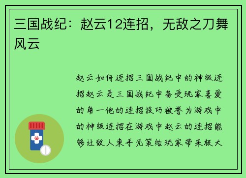 三国战纪：赵云12连招，无敌之刀舞风云